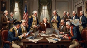 Oil painting of the Founding Fathers gathered around a table using laptops, smartphones and tablets to send political fundraising text messages