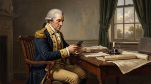 Oil painting of a Continental Army officer seated at a desk reading a text message on a smartphone, representing donor retention for political campaigns